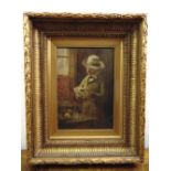 A framed Victorian oil on canvas of a naturalist studying an animal skull, 25.5 x 18cm