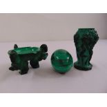 A quantity of Malachite to include a vase, an egg and a dish