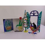 Gerstien five hand painted metal sculptures of birds, flowers and cats