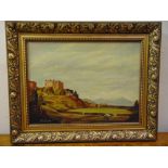 J. Fitt framed oil on panel of a castle on a hill with horses in the foreground, signed bottom left,