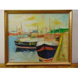 John Bellany 1942-2013 framed and glazed oil on canvas of fishing boats in a harbour, signed