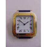 Cartier quartz travel clock, white enamel dial with Roman numerals