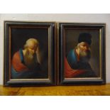 A pair of framed oils on panel of elderly gentlemen in 18th century costume, 24.5 x 18cm each