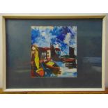 A framed and glazed acrylic of boats in a dock, label to verso, 34 x 31cm