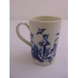 A Worcester first period blue and white mug decorated with buildings and trees, crescent mark to