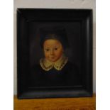 A framed oil on panel of a young girl in the naive style, details to verso dated 1838, 20 x 17cm