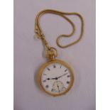 18ct yellow gold open face pocket watch and gold plated chain, approx total weight of the pocket