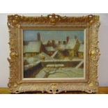 A framed oil on canvas of a village scene, indistinctly signed bottom left, 42.5 x 50cm