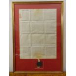 A framed and glazed 19th century document with seal, 98.5 x 70.5cm
