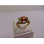 9ct yellow gold amethyst, peridot, garnet and diamond ring, approx total weight 3.4g