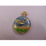 A 10ct gold and enamelled ladies pocket watch with applied bird to the hinged cover