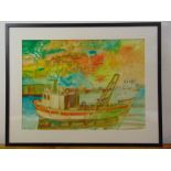 John Bellany 1942-2013 framed and glazed watercolour of a tug boat in a harbour, signed bottom left,