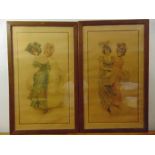 Vallet-Bisson two framed and glazed polychromatic etchings of ladies in 19th century costume, 80 x
