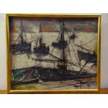 Mike Francis framed oil on canvas of stylised boats in a harbour signed bottom right, 50 x 61cm