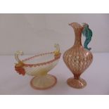 A continental decorative inlaid glass ewer and a matching oval bowl on raised circular base, A/F