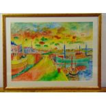 John Bellany 1942-2013 framed and glazed watercolour of boats in a harbour, signed bottom left, 54 x