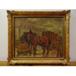 Jaroslav Prochazka 1886-1949 framed oil on canvas of horses pulling a cart, signed bottom left, 49.5