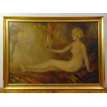 H. Harwick framed oil on panel of a nude lady holding a mirror A/F, 72 x 104cm