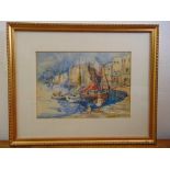 C. Glover framed and glazed watercolour of boats in a harbour, signed bottom right, 24.5 x 34.5cm