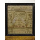 A framed and glazed 19th century sampler by Caroline Stone 1815, 37.5 x 33cm