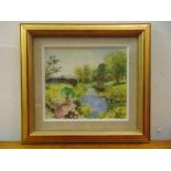 John Strickland Goodall 1908-1996 framed and glazed watercolour of a lady by a river titled Waiting,