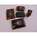 A quantity of 19th century tortoiseshell items to include card cases and a snuff box, (5)