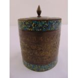 An oriental brass and cloisonné cylindrical box and cover