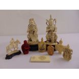 A quantity of 19th century carved ivories and composition to include figurines, snuff bottles and