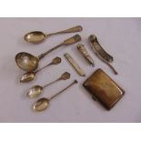 A quantity of silver and white metal to include a cigarette case, a bosuns whistle and flatware