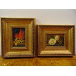 Two framed oils on panel still life of fruits and flowers, 14 x 9cm and 9 x 13.5cm