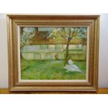 A framed oil on canvas of two women in the garden of a house, 41 x 51.5cm