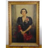 Emil Englerth framed oil on canvas full length portrait of a lady in a black dress, signed bottom