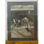 Thomas framed and glazed charcoal image of two footballers circa 1970, signed bottom right, 73 x