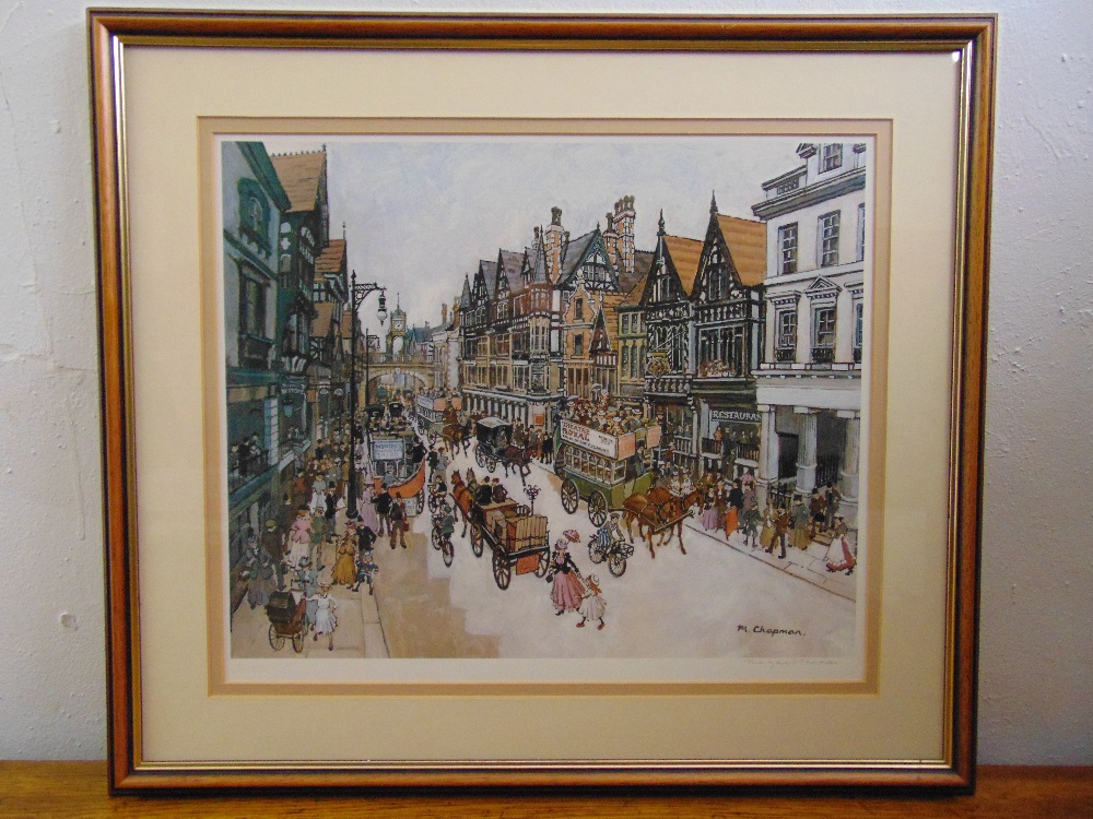 Margaret Chapman polychromatic lithographic print of a Chester street scene, signed bottom right and