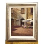 Andrew King framed oil on panel titled Shadows Across The Square San Gimignano, signed bottom right,