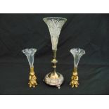 A pair of brass and glass stem vases and a silver plated and glass centre piece