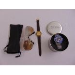 A ladies wristwatch retailed by Harrods, a gentlemans wristwatch by Monaco and pair of vintage Ray-