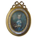 A 19th century framed and glazed watercolour of a young girl with a cat within an enamel and