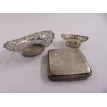 A silver cigarette case and two silver plated bonbon dishes
