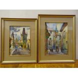 Two framed and glazed watercolours of Prague street scenes, indistinctly signed bottom right, 23.5 x