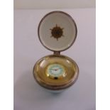 Wedgwood porcelain travel clock, circular the hinged cover revealing the watch with blue and white