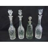 A whisky decanter and a set of three Victorian wine decanters with faceted drop stoppers