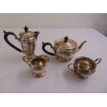Mappin and Webb silver four piece teaset, cylindrical, scroll handles, domed hinged covers to teapot