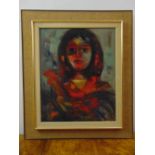 Luis Vidal Molne framed oil on canvas of a female Femme au Coq, signed bottom right. 61 x 50cm