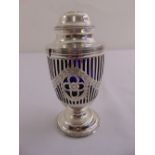 Goldsmiths and Silversmiths silver sugar sifter, vase form with bar pierced sides, engraved with