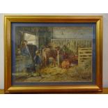 Albert George Stevens framed and glazed watercolour of children and animals in a barn, signed bottom