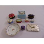 Eight enamel boxes to include Halcyon Days, a Limoges dish and a white metal ladies compact