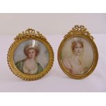 Two hand painted gilt framed miniatures of ladies in 18th century costume