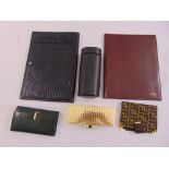 A Fendi address book, Verdi Verdi document holder, a green lizard wallet, a Rodo gilt metal handbag,