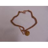 9ct gold Albert chain with a 1896 South African Pond gold coin, approx total weight 28.0g